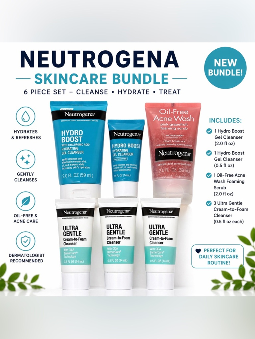 💧 Neutrogena Skincare Bundle (6 pcs) - HydroBoost + Acne Wash + Ultra Gentle NEW
